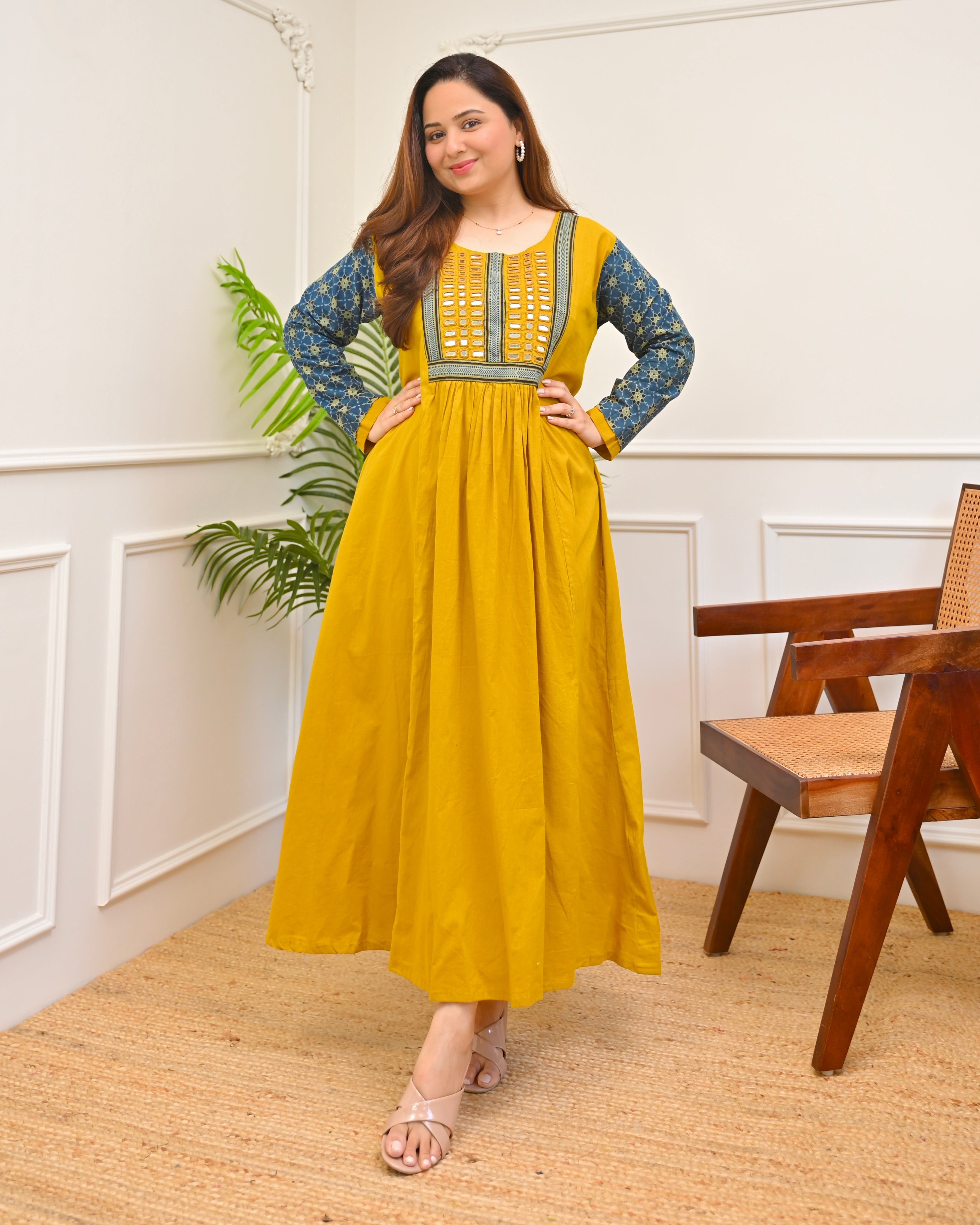 cotton haldi dress for women Haldi Heritage Ajrakh Mirrorwork Cotton Kurta Dress