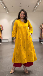 Leher Hand Woven Kali Kurta In Cotton - Yellow