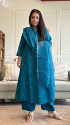 Keya Hand Woven Golden Zari Motif Kali Cotton Kurta - Blue