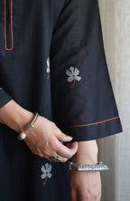 Black Jamdani Short Kurta with Pleated White Pyjama