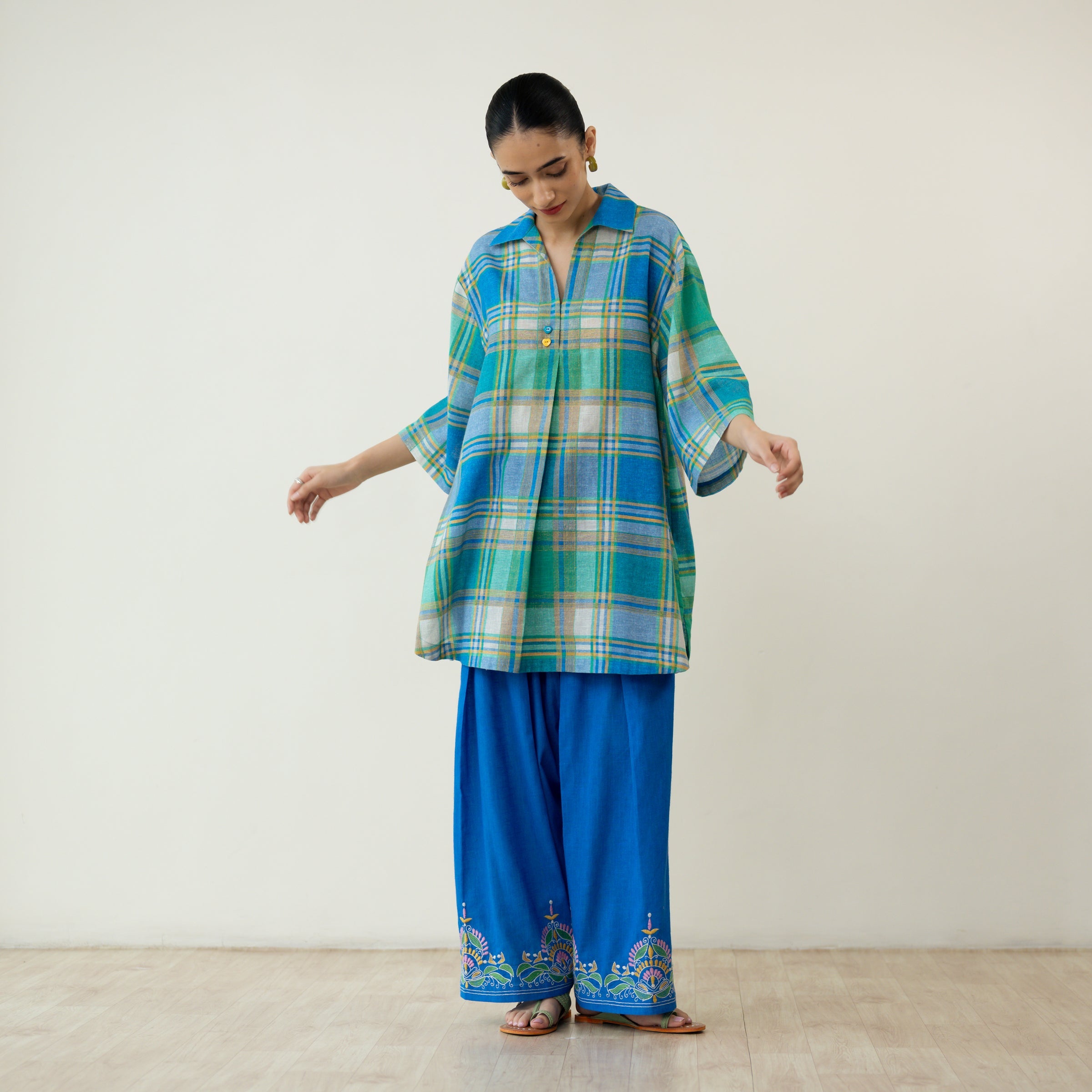 Zoya Blue Plaid Cotton Co-ord Set with Embroidered Palazzo