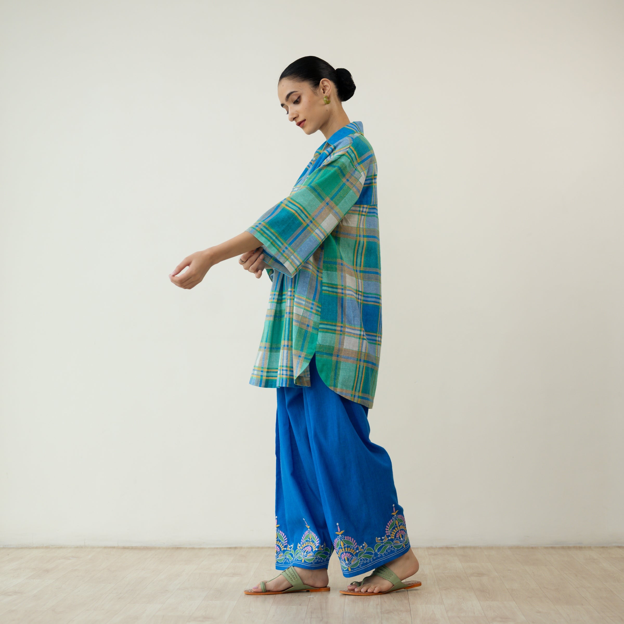 Zoya Blue Plaid Cotton Co-ord Set with Embroidered Palazzo