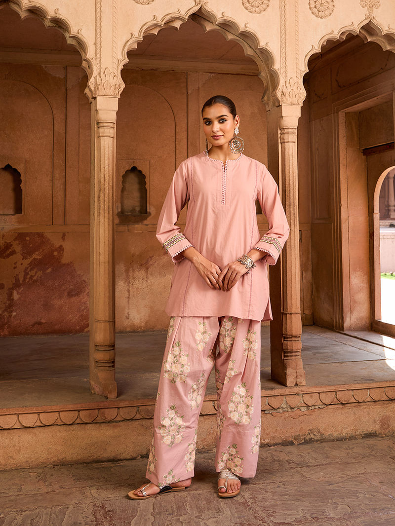 Aleyza Powder Pink Lace Work Cotton Kurta with Farshi Salwar Set of 2