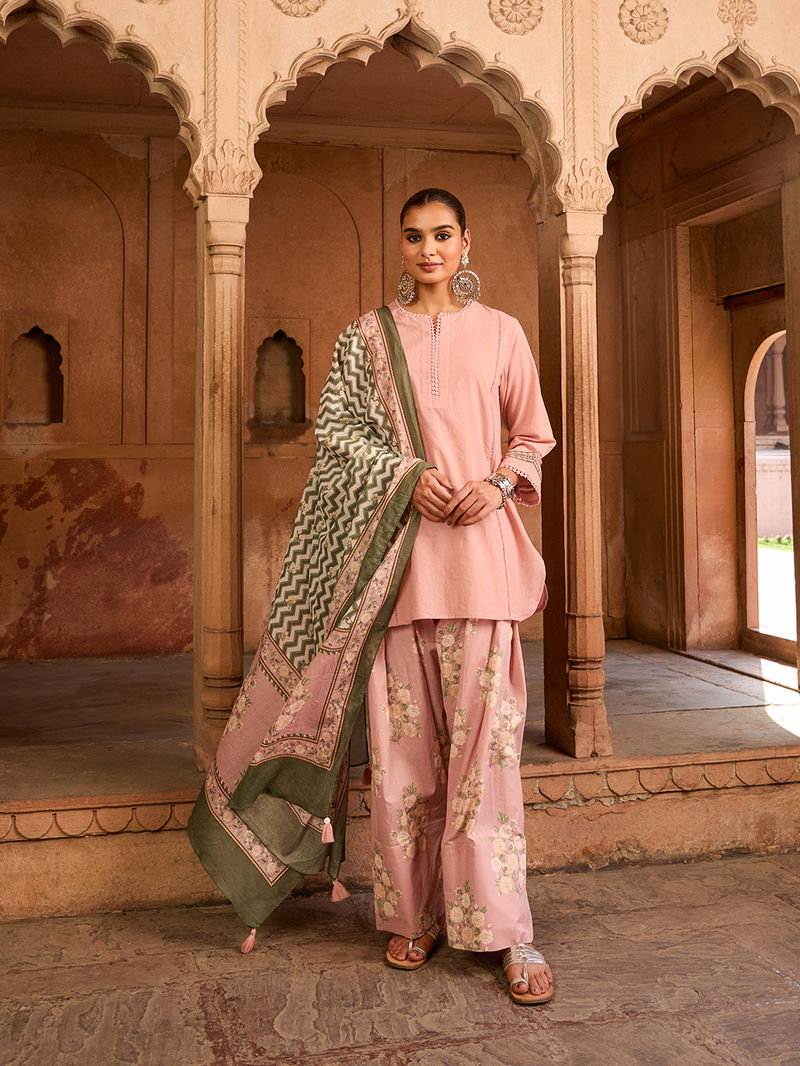 Aleyza Powder Pink Lace Work Cotton Kurta with Farshi Salwar Set of 2