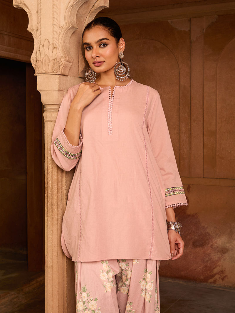 Aleyza Powder Pink Lace Work Cotton Kurta with Farshi Salwar Set of 2