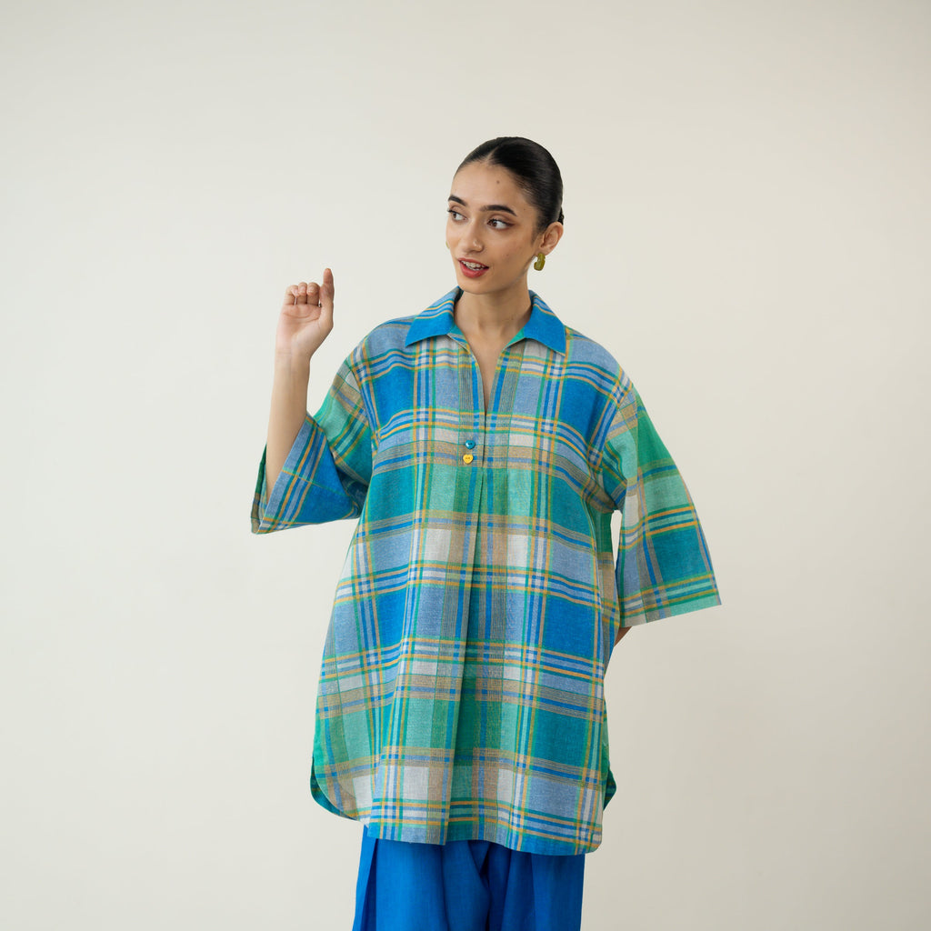 Zoya Blue Plaid Cotton Co-ord Set with Embroidered Palazzo