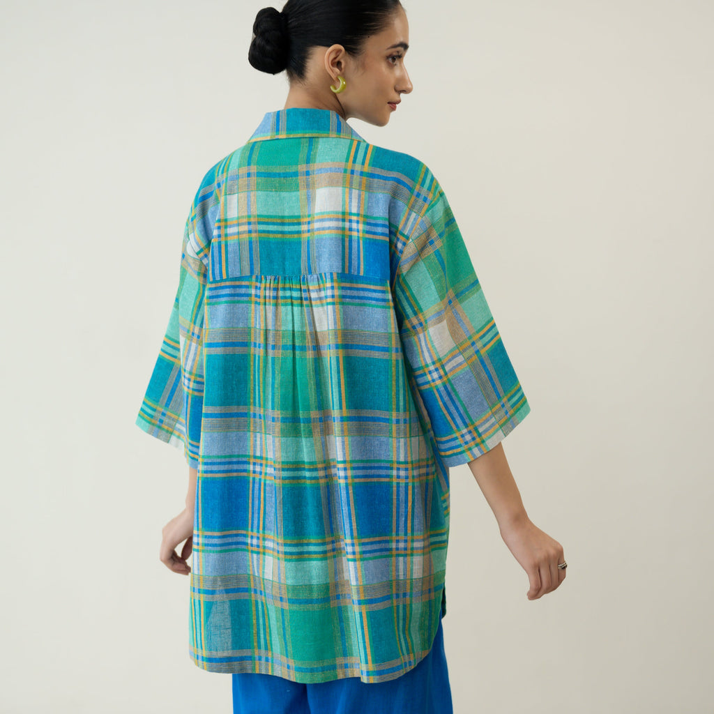 Zoya Blue Plaid Cotton Co-ord Set with Embroidered Palazzo