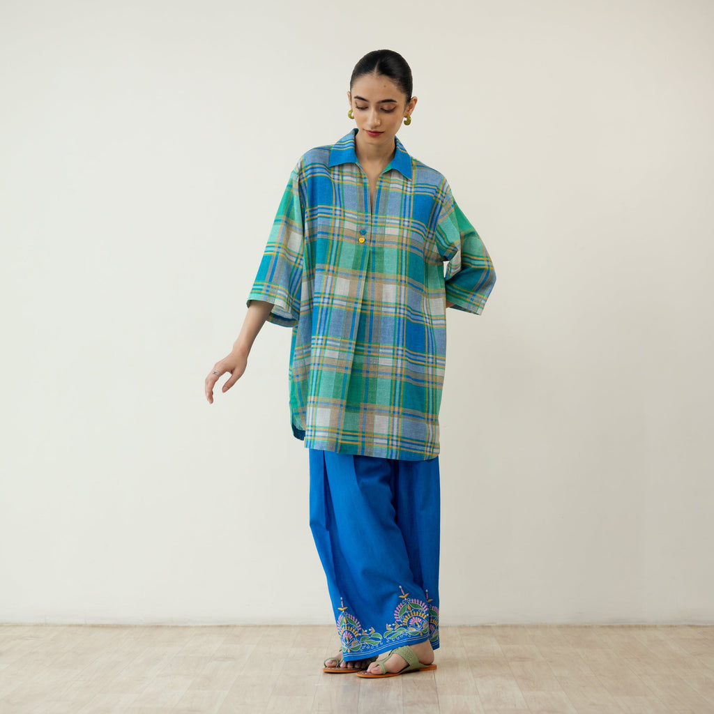 Zoya Blue Plaid Cotton Co-ord Set with Embroidered Palazzo