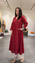 Tara Hand Woven Kali Kurta In Cotton - Maroon