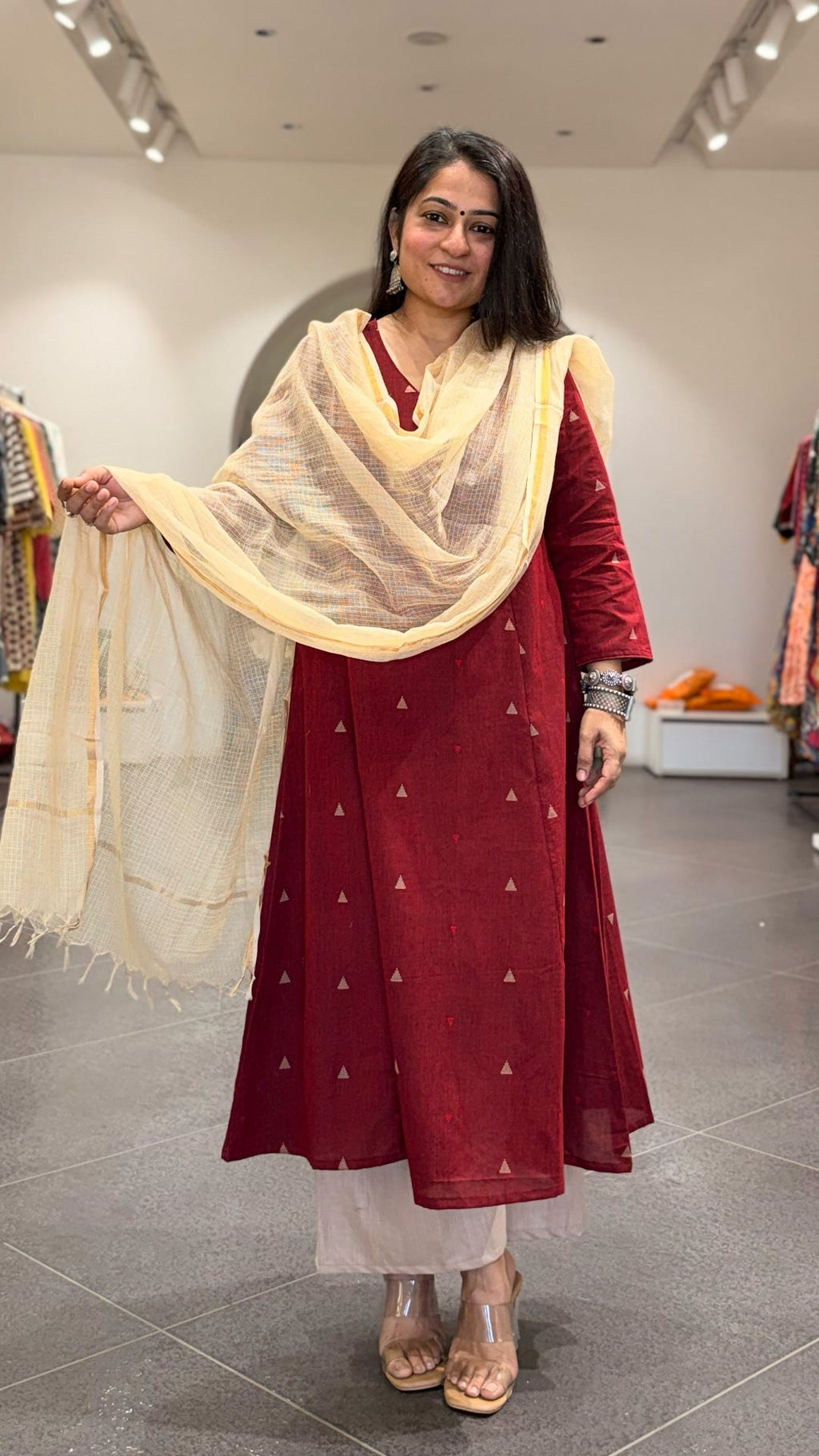 Tara Hand Woven Kali Kurta In Cotton - Maroon