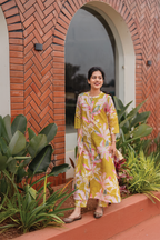 Shadow Leaf Yellow Silk Blend Co-ord with Chinese Collar Neck & 3/4th Sleeves