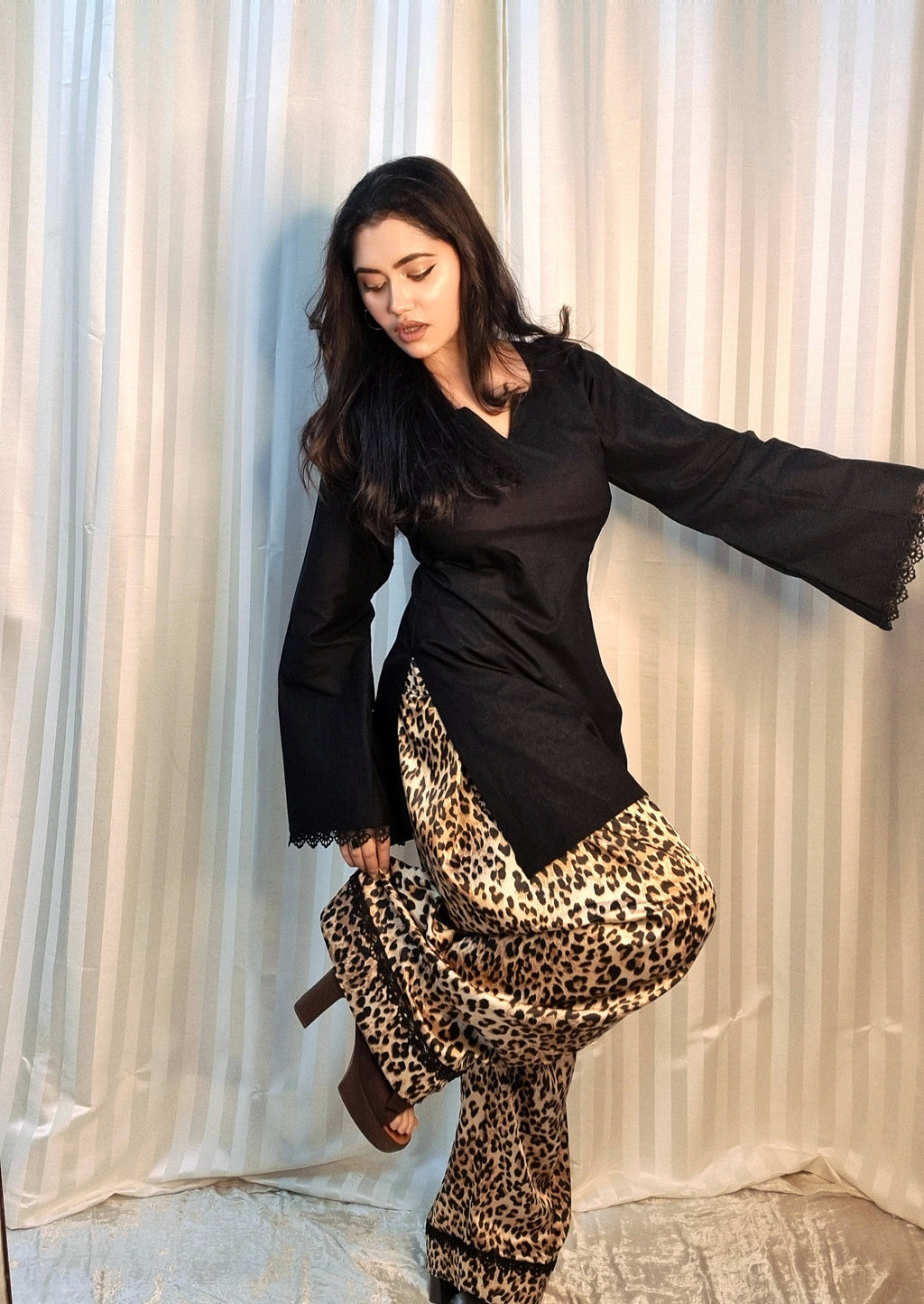 Aaliya Black Lace Kurta with Leopard Print Palazzo Set