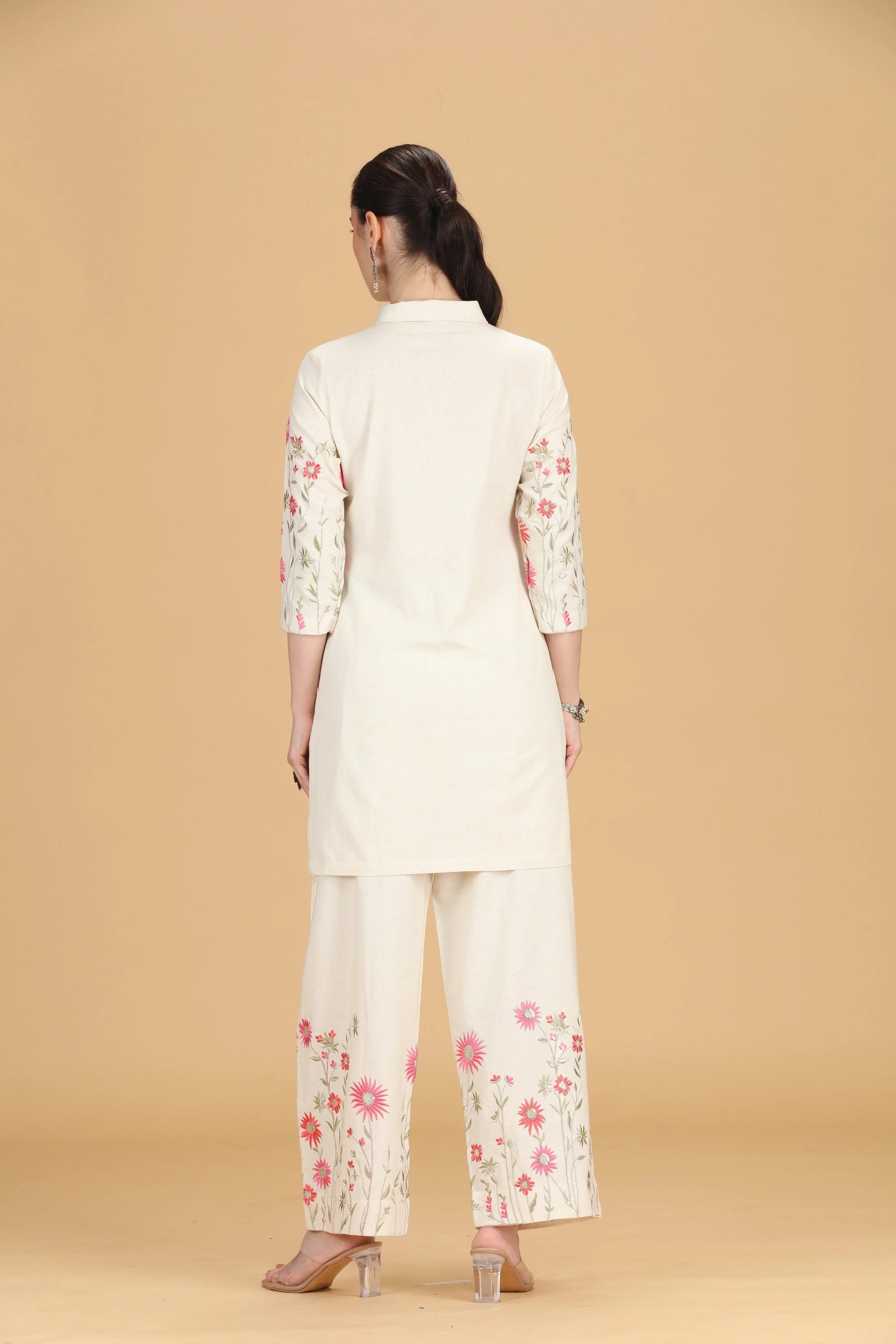 Cream Cotton Flex Embroidered Straight Kurta Pant Co ord Set