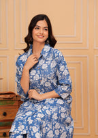 Blue White Floral Printed Rayon CO-Ord Set