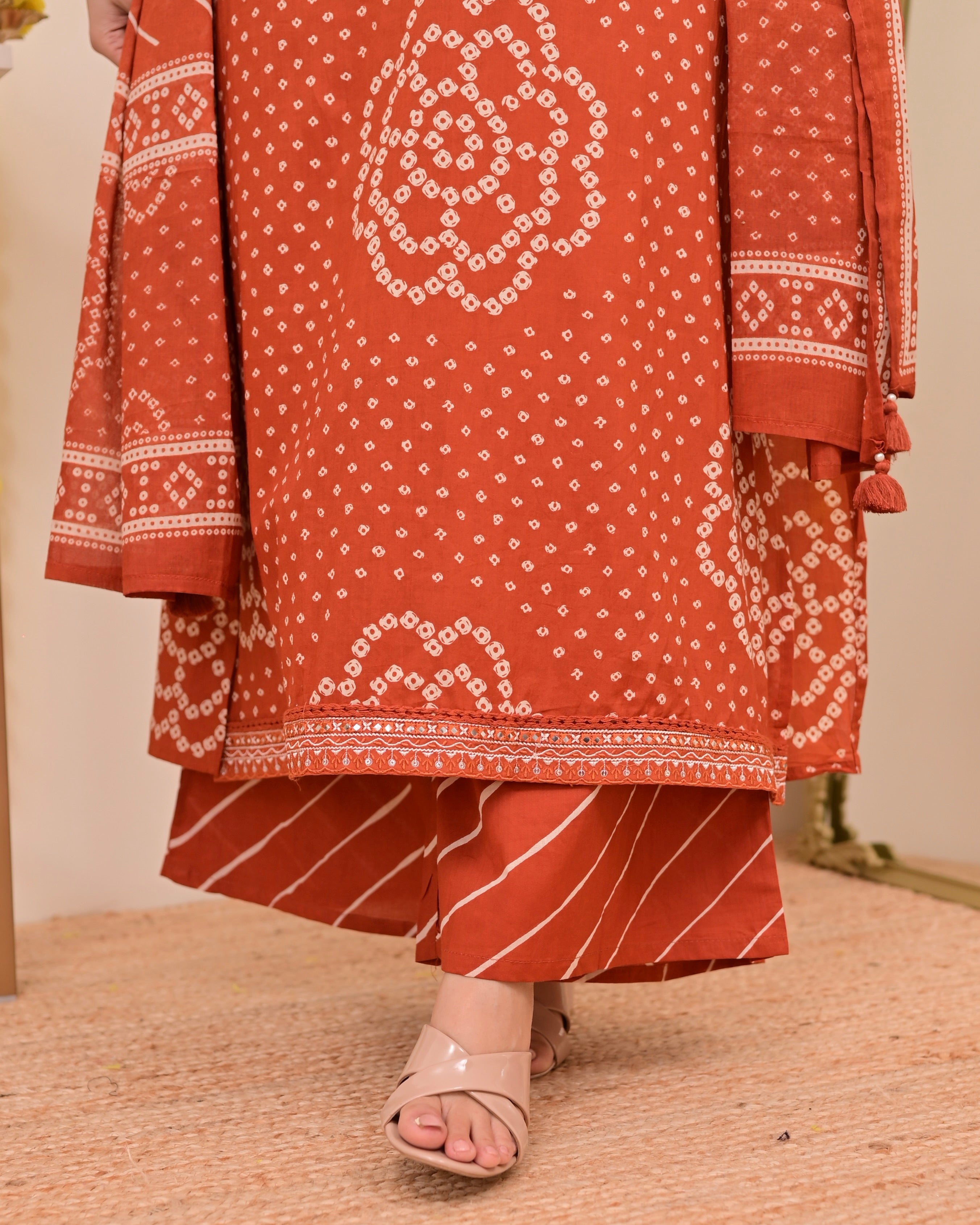 Rust Bandhej Cotton A Line Suit Set