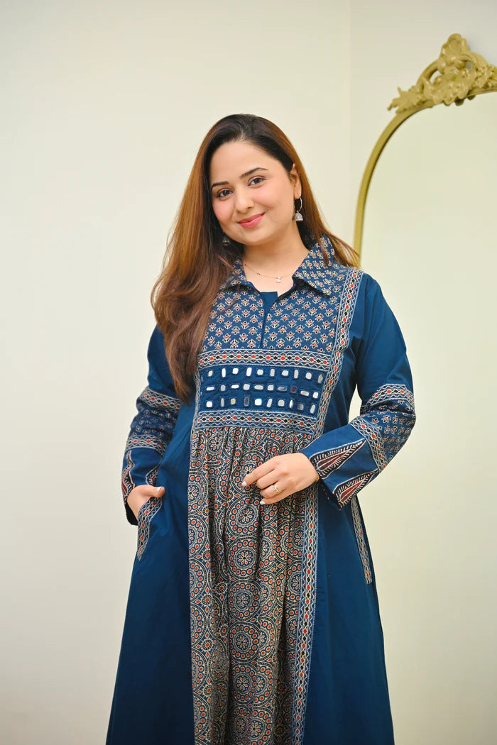 Navy Noor Saaj Ajrak Mirrorwork Cotton Kurta Dress – House of Vayora