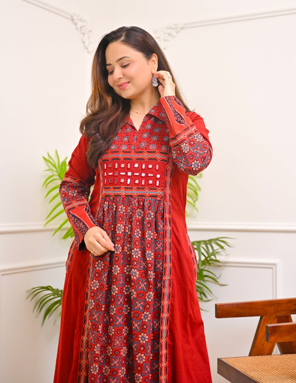 Mehroon Ajrakh Mirrorwork Cotton Kurta Dress