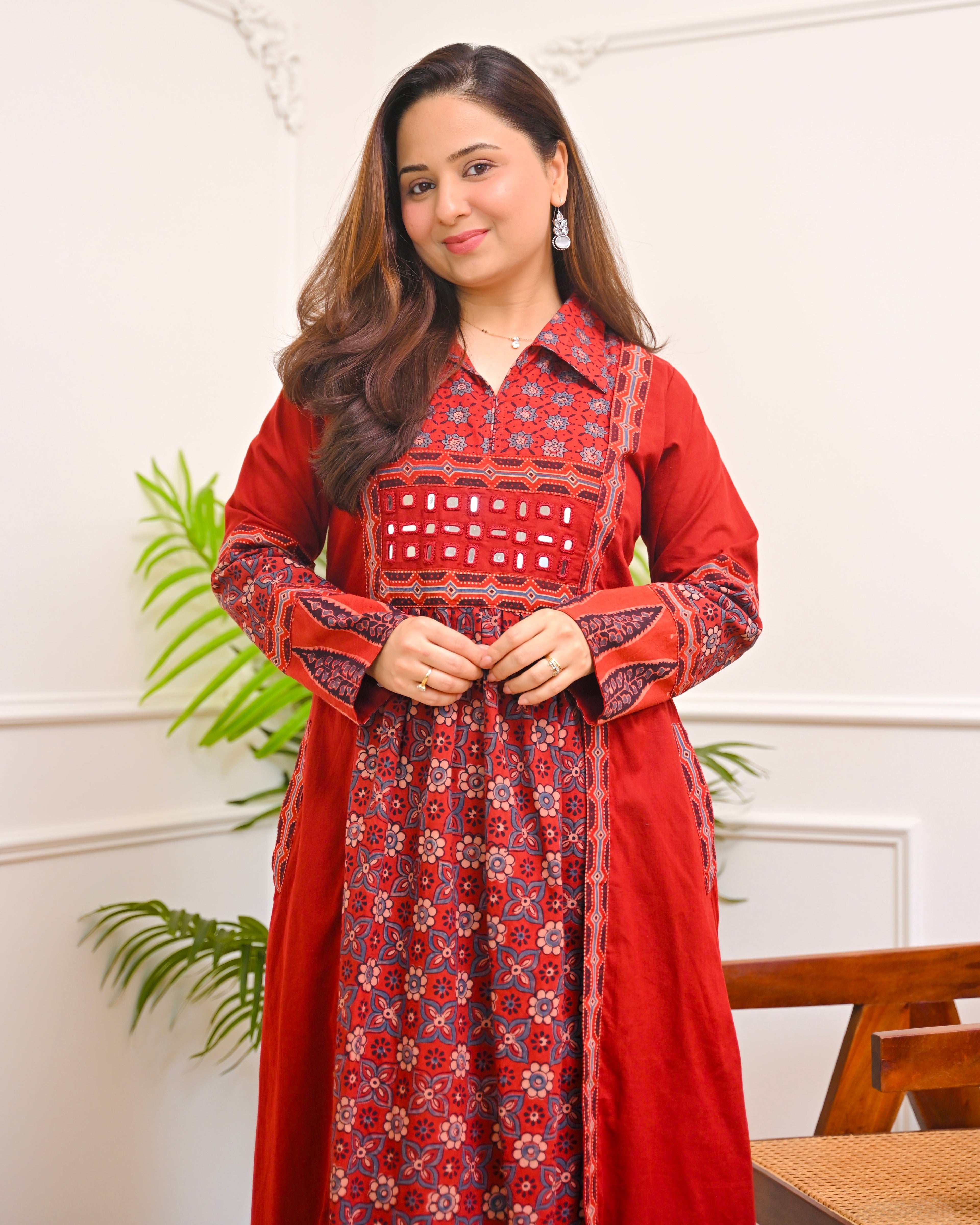 Mehroon Ajrakh Mirrorwork Cotton Kurta Dress