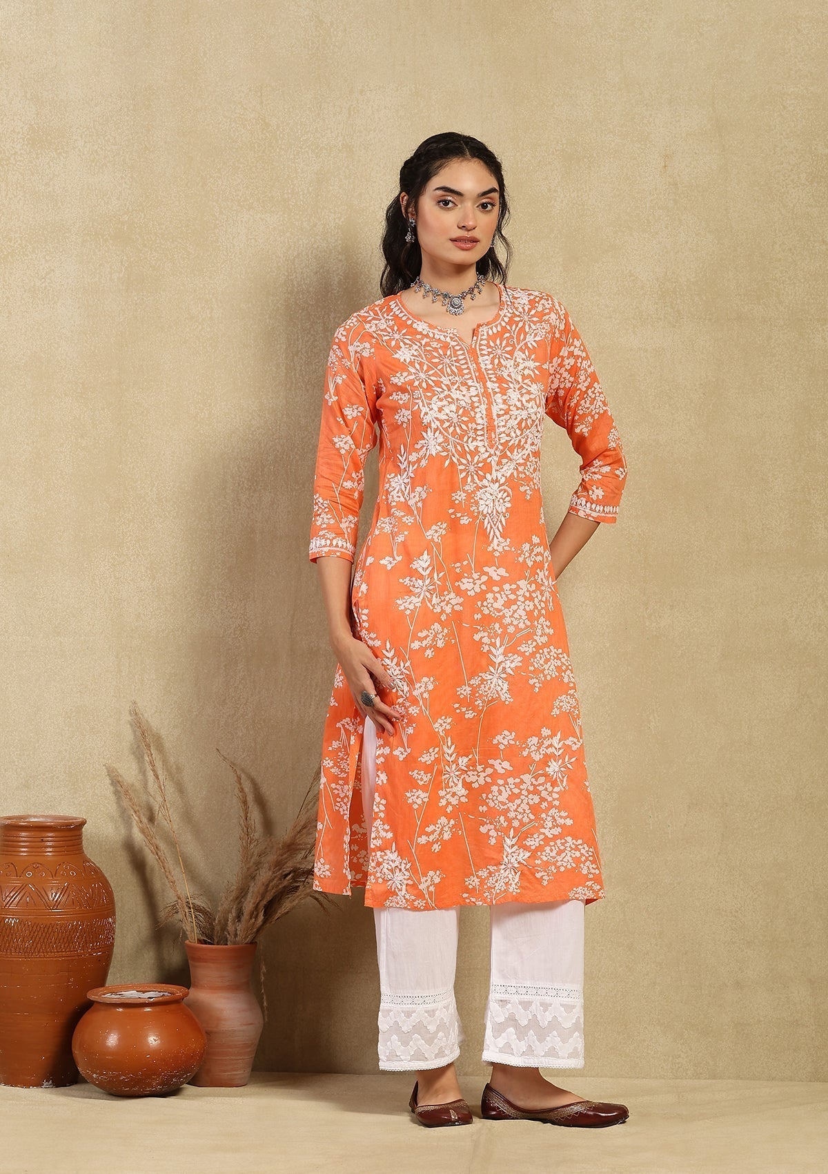 Sana Orange Mulmul Printed Kurta