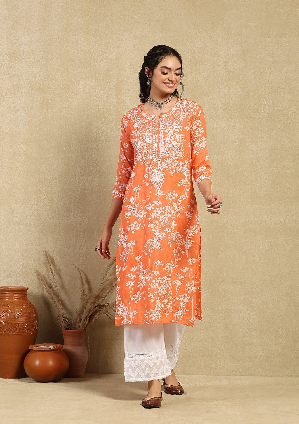 Sana Orange Mulmul Printed Kurta