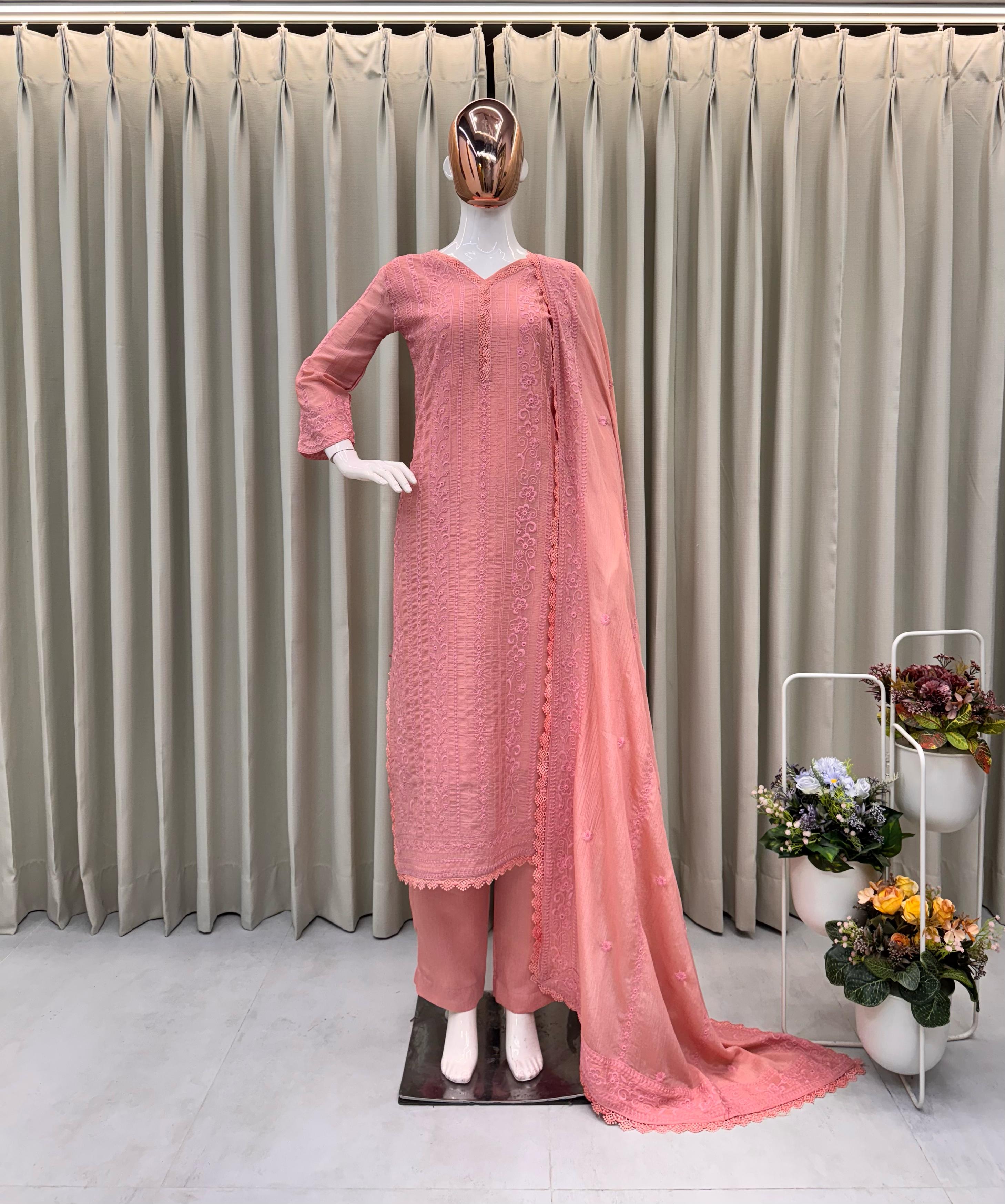 Aarohi Peach Embroidered Top Palazzo Set
