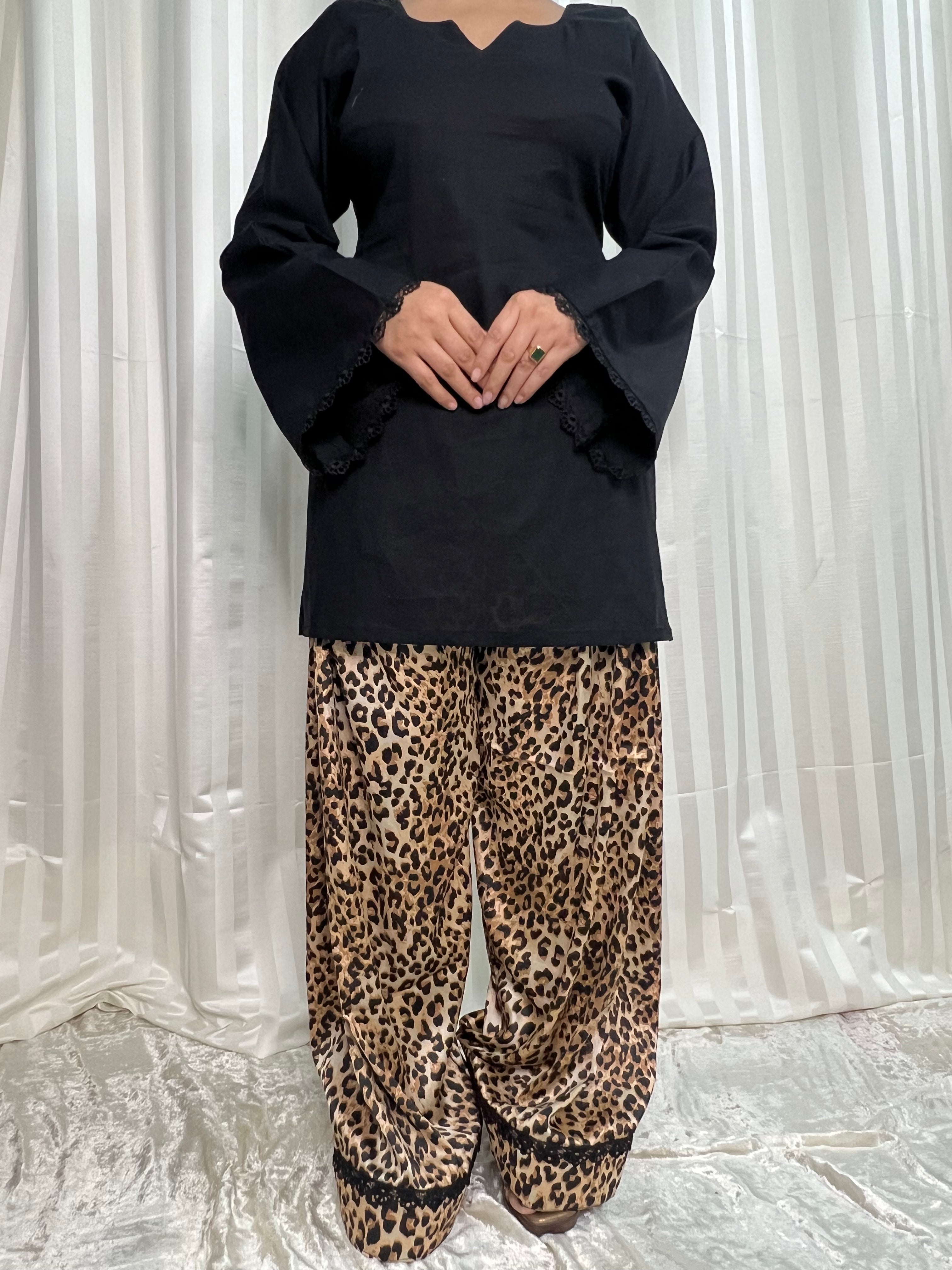 Aaliya Black Lace Kurta with Leopard Print Palazzo Set