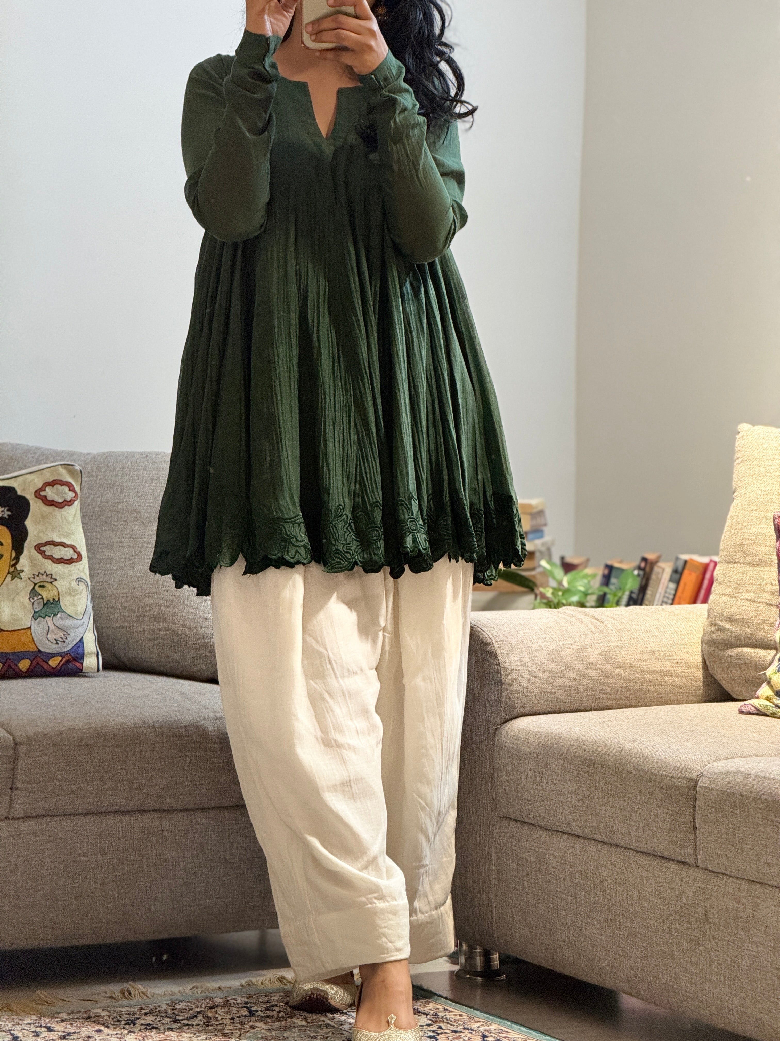 Olive green Mul chanderi embroidered Anarkali with Farshi Salwar