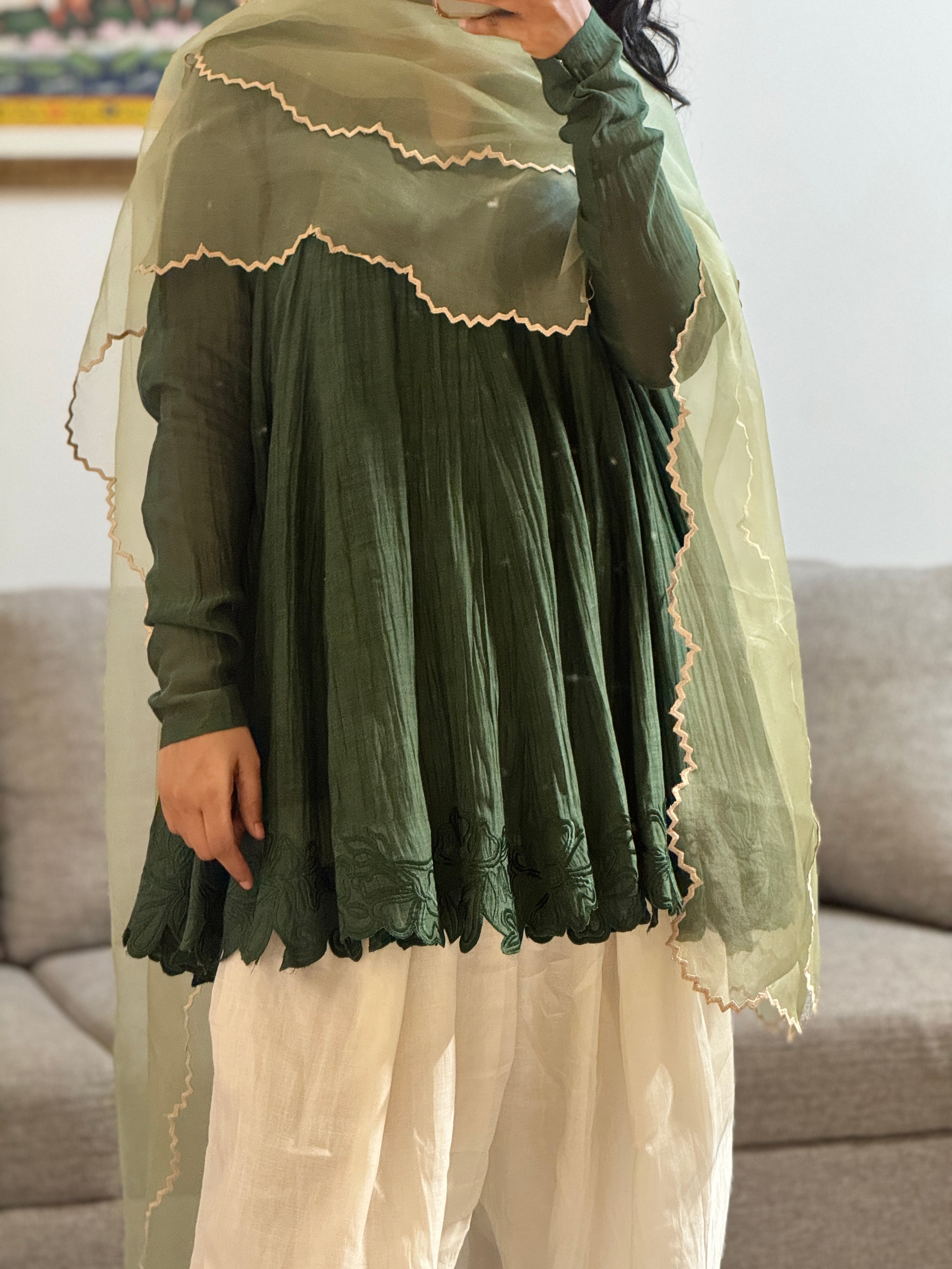 Olive green Mul chanderi embroidered Anarkali with Farshi Salwar
