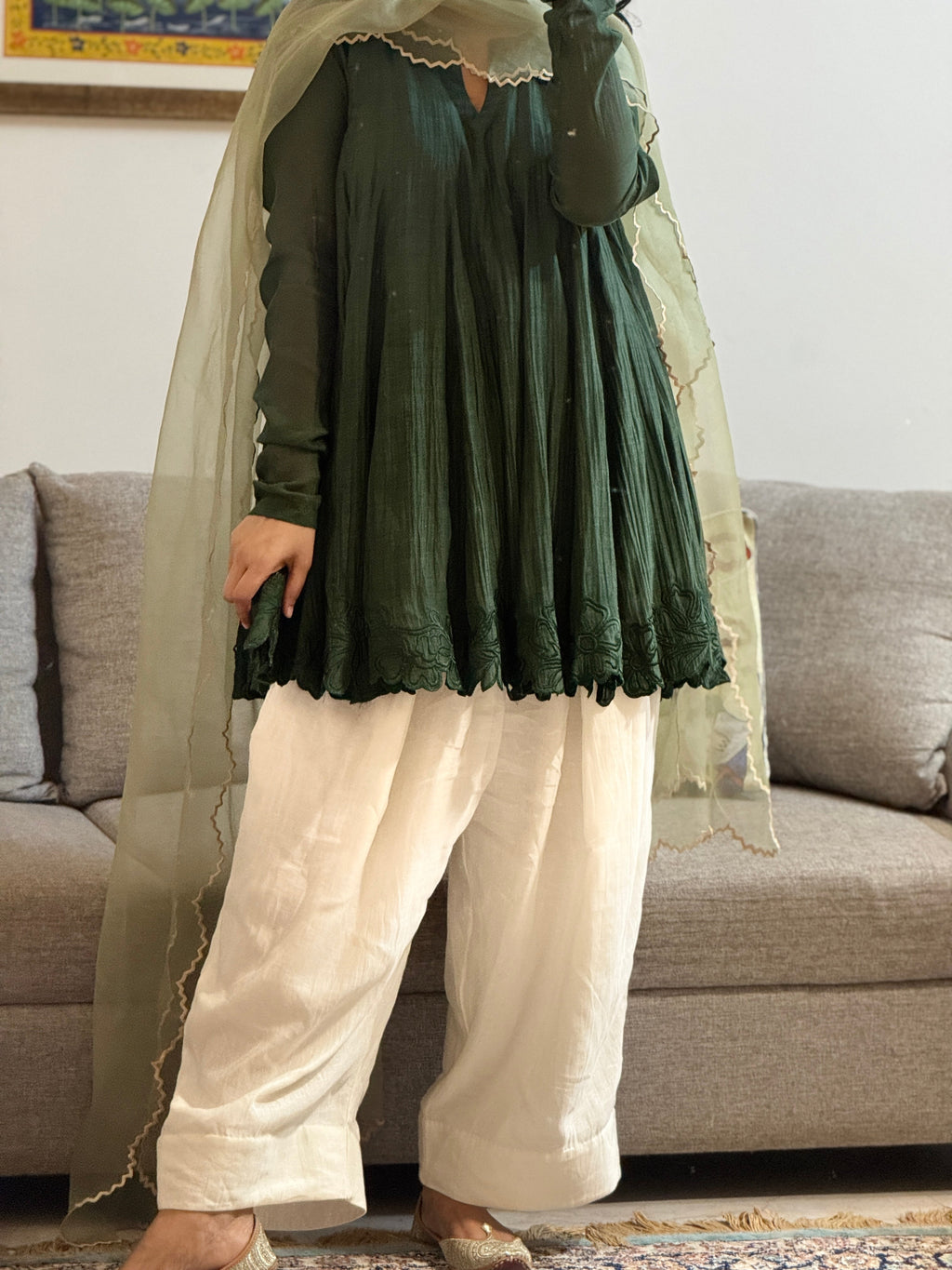 Olive green Mul chanderi embroidered Anarkali with Farshi Salwar