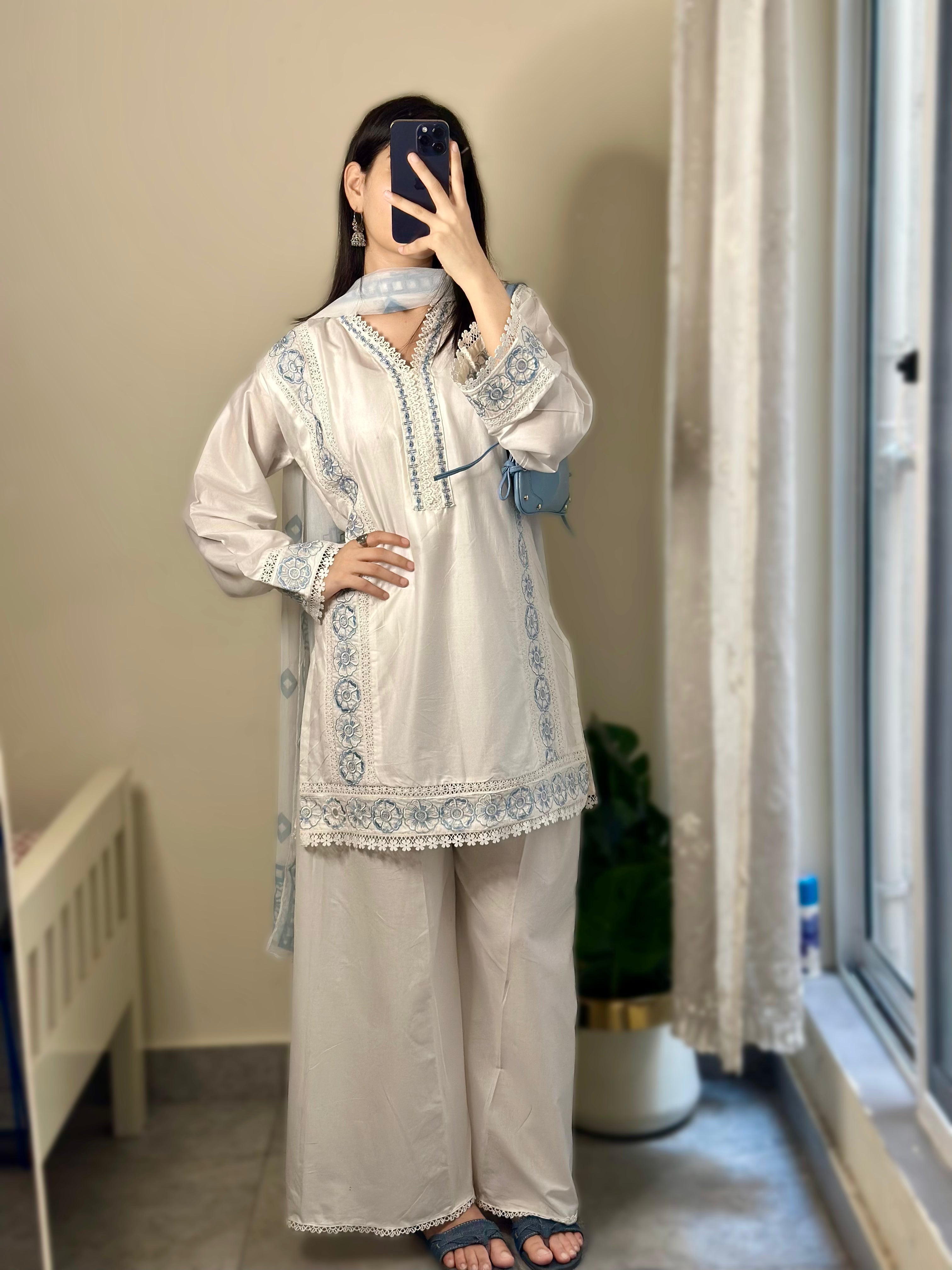 Aarisha Ivory Blue Floral Embroidered Cotton Kurta Pant Set