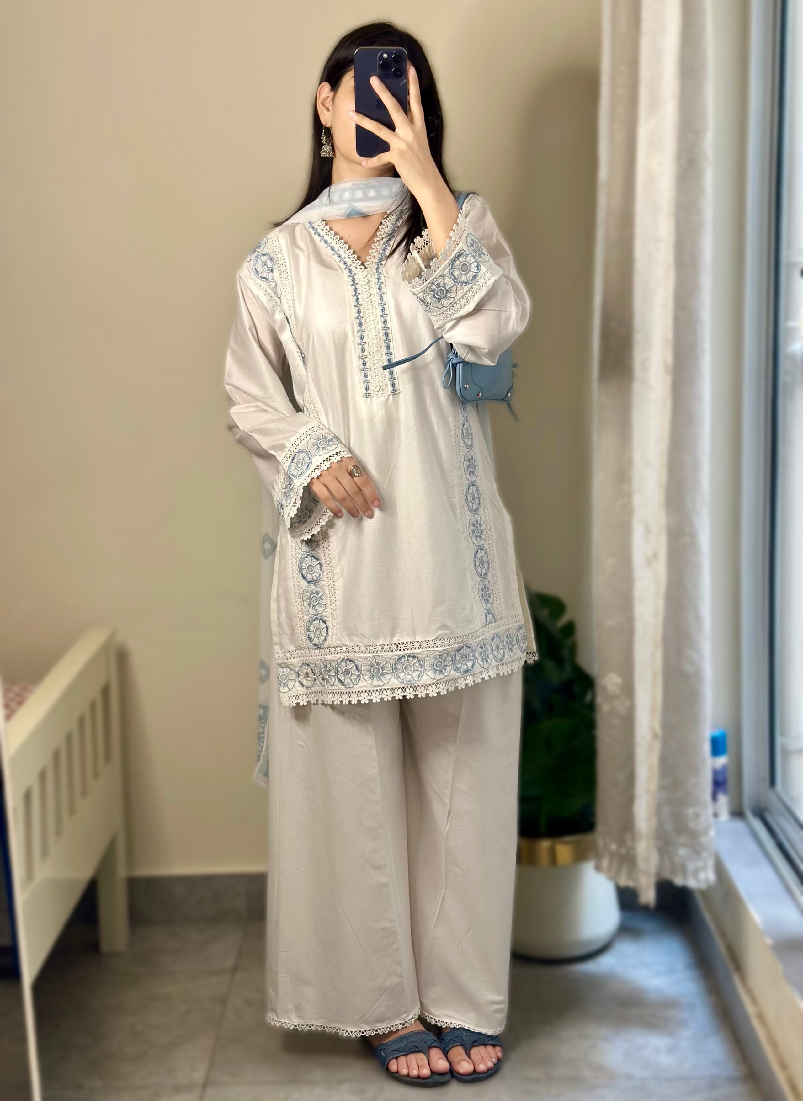 Aarisha Ivory Blue Floral Embroidered Cotton Kurta Pant Set