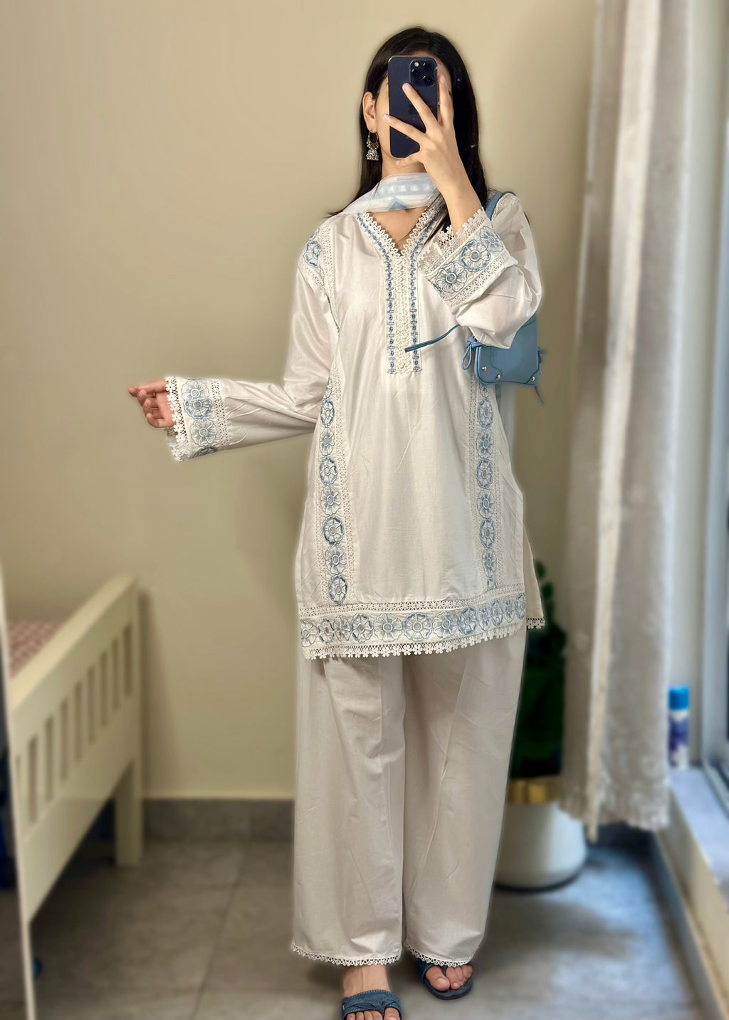 Aarisha Ivory Blue Floral Embroidered Cotton Kurta Pant Set
