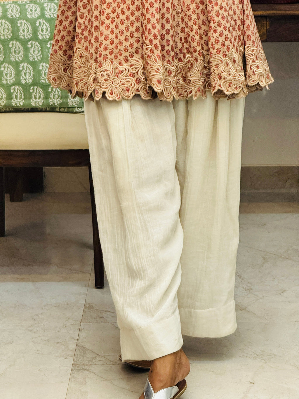 Beige cotton embroidered Anarkali with Farshi Salwar
