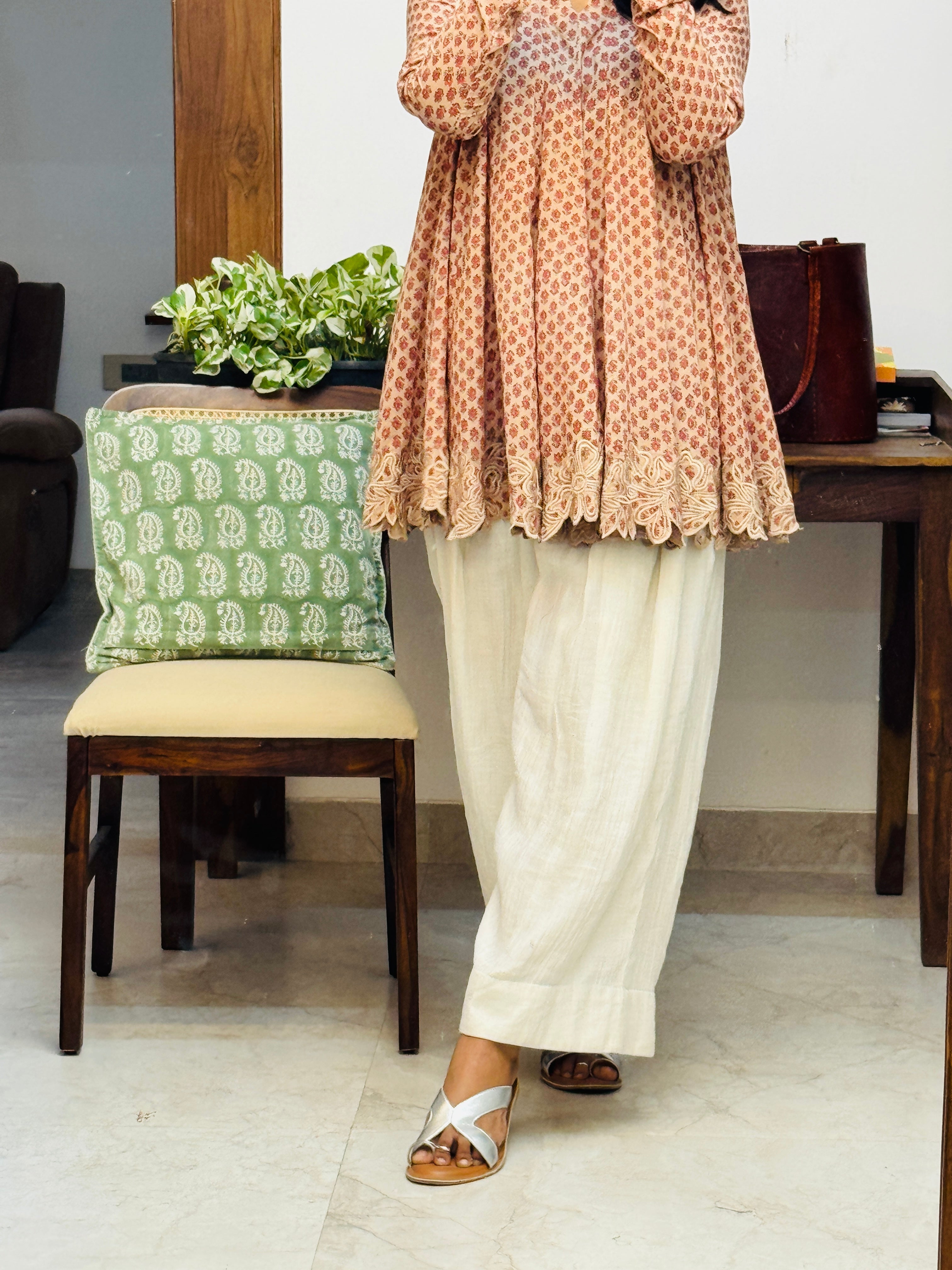 Beige cotton embroidered Anarkali with Farshi Salwar