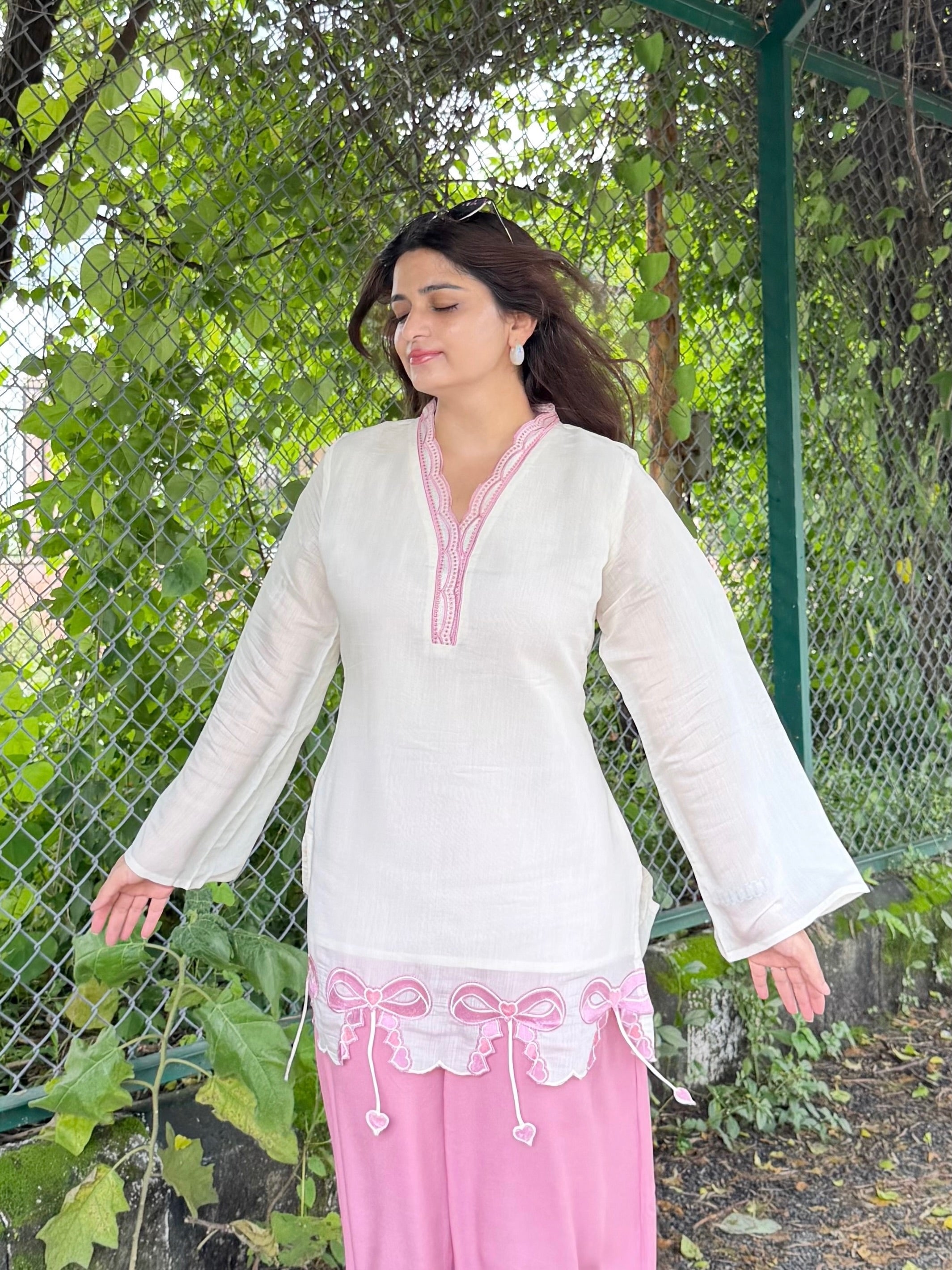 Alara Pink Bow Embroidered Kurta Palazzo Set