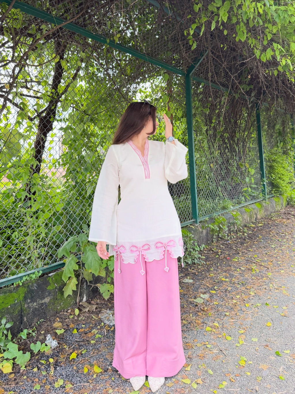 Alara Pink Bow Embroidered Kurta Palazzo Set
