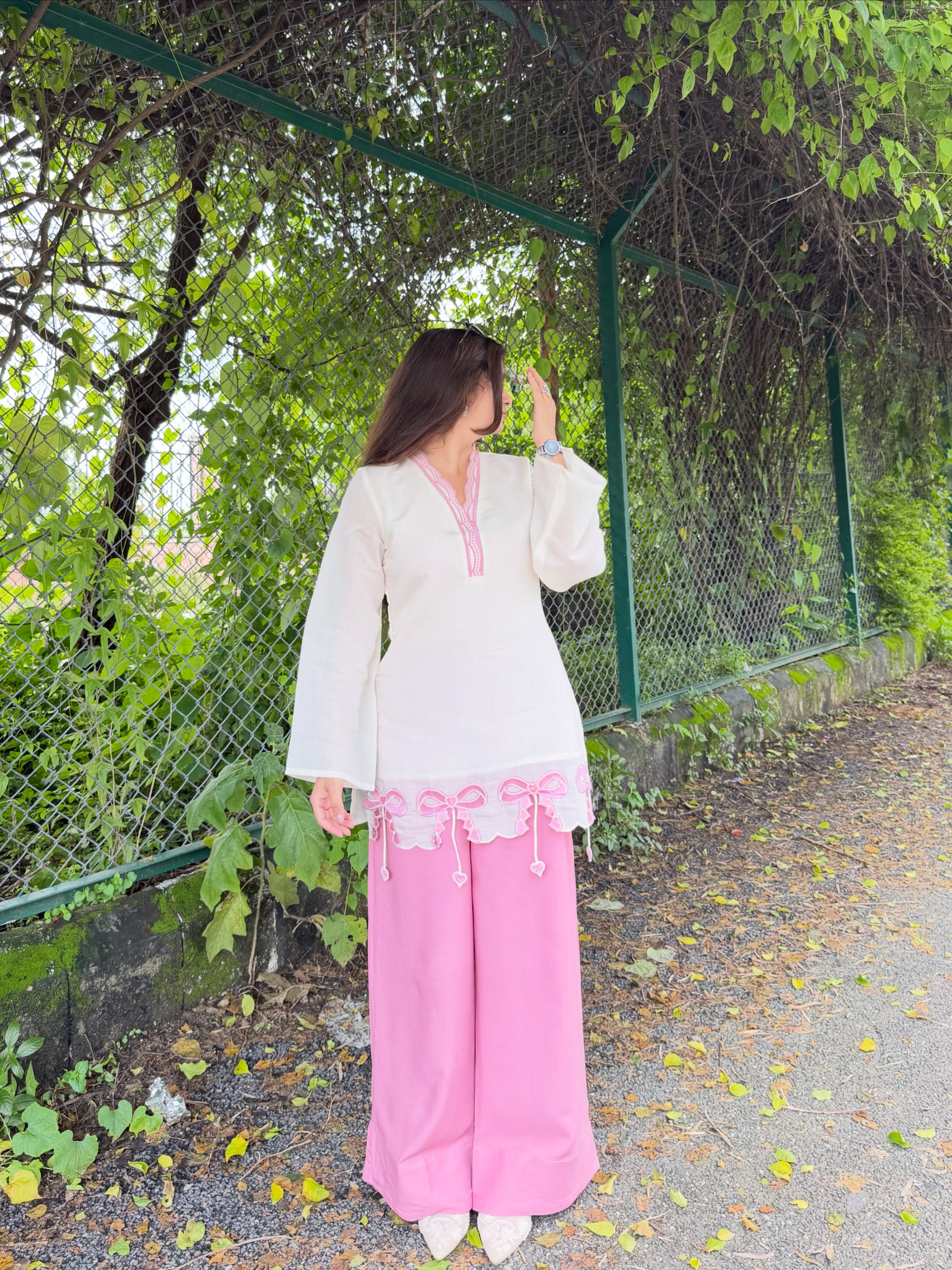 Alara Pink Bow Embroidered Kurta Palazzo Set