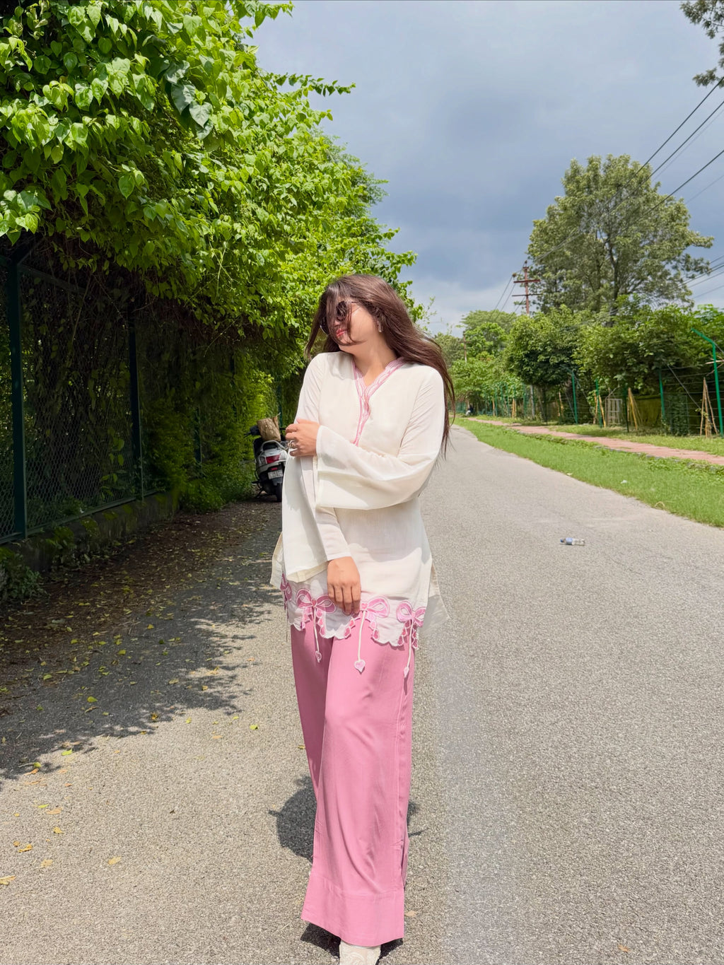 Alara Pink Bow Embroidered Kurta Palazzo Set
