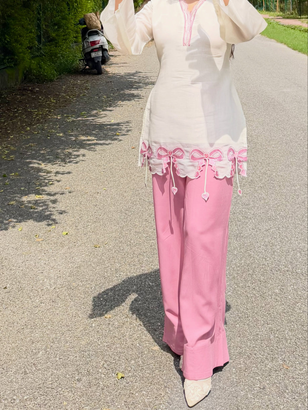 Alara Pink Bow Embroidered Kurta Palazzo Set