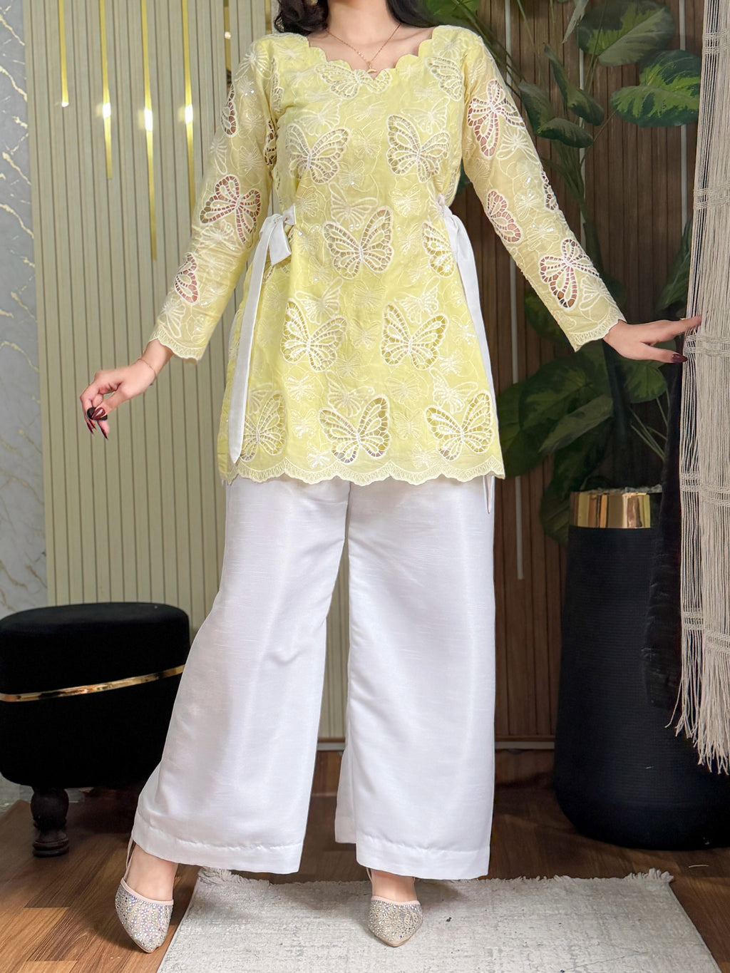 Meher Lemon Butterfly Embroidered Kurta Palazzo Set