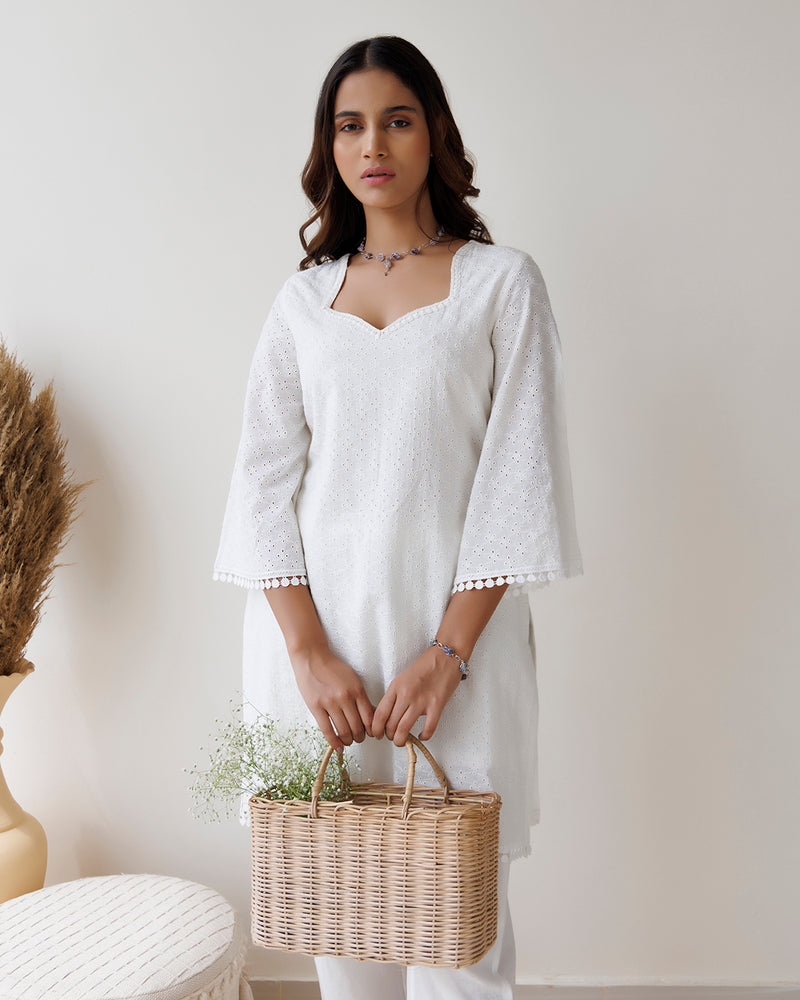 Ivory Schiffli Cotton Kurta & Pant Set