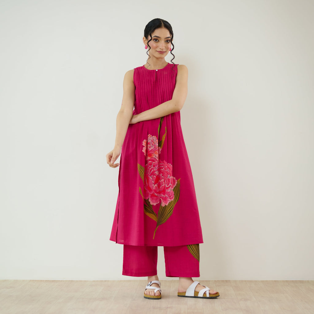 Belle Slub Cotton Kurta Set - Magenta