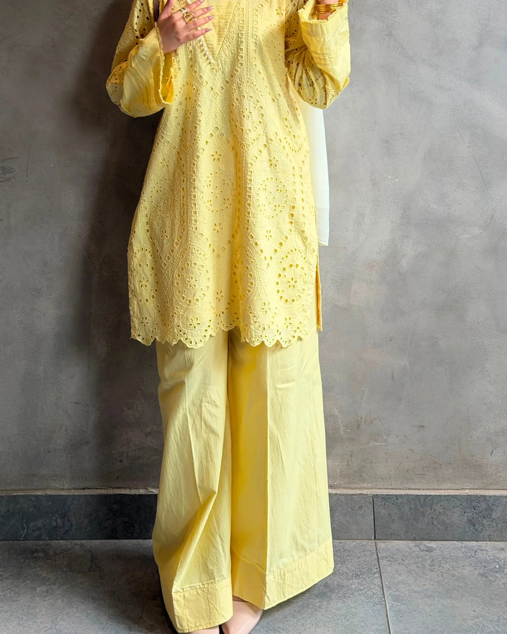 Zareen Yellow Chikankari Cutwork Palazzo Set