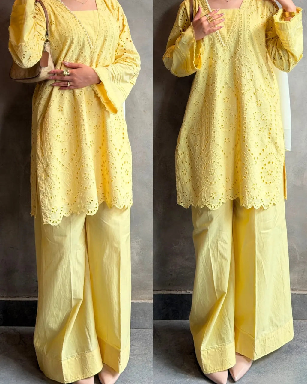 Zareen Yellow Chikankari Cutwork Palazzo Set
