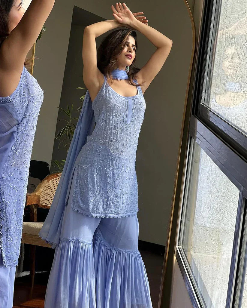 Kavya Blue Chikankari Gharara Set