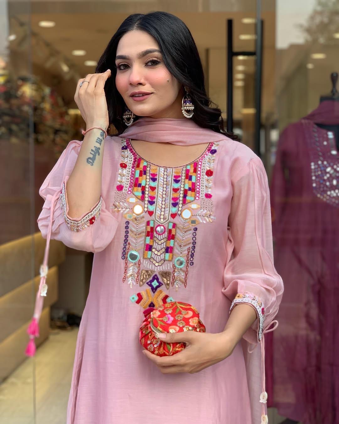 Light Pink Embroidered Chanderi Suit Set with Dupatta