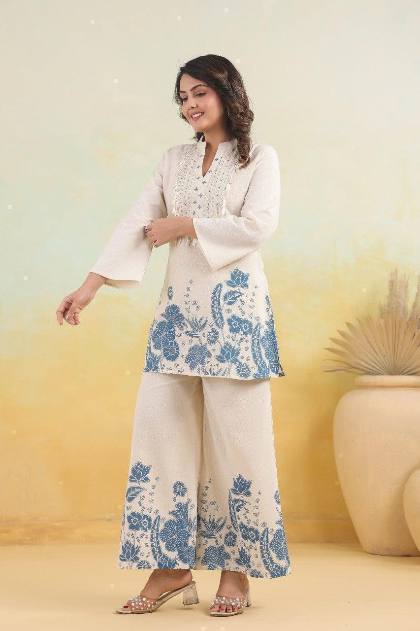 Off White Printed Cotton Slub Co-Ord Set