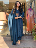 Blue Embroidered Cotton Flex Kurta and Pant Set with Dupatta