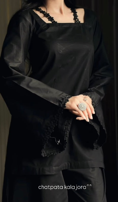 Zoya Noir Satin Embroidered Kurta Palazzo Set