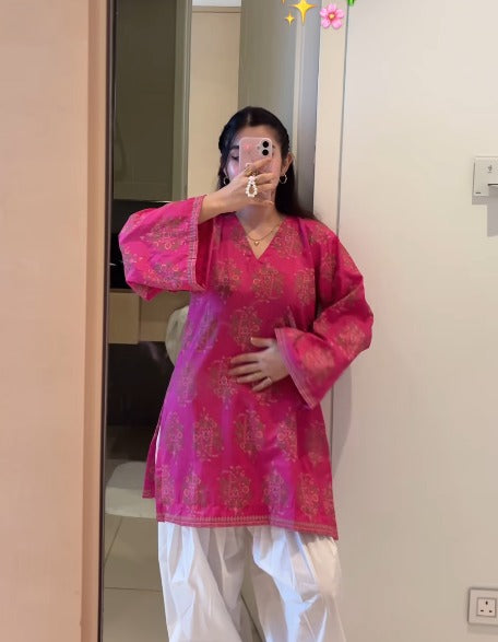 Inaya Pink Floral Print Cotton Kurta Pant Set